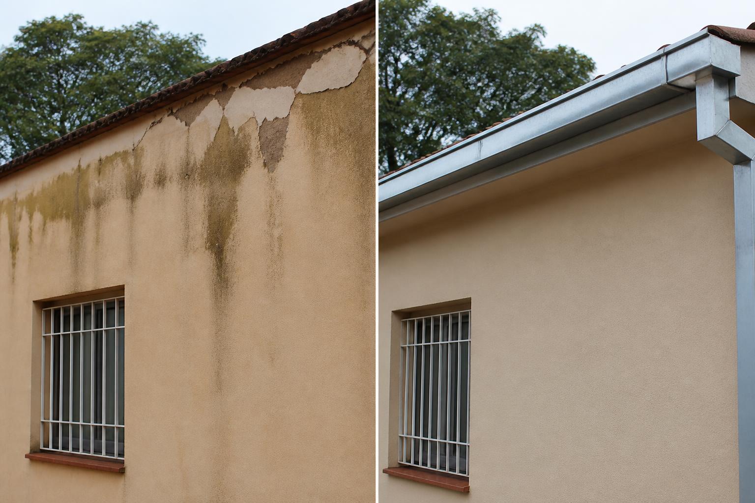 Comparação: parede com infiltração antes e mesma parede com calha e rufo instalados depois