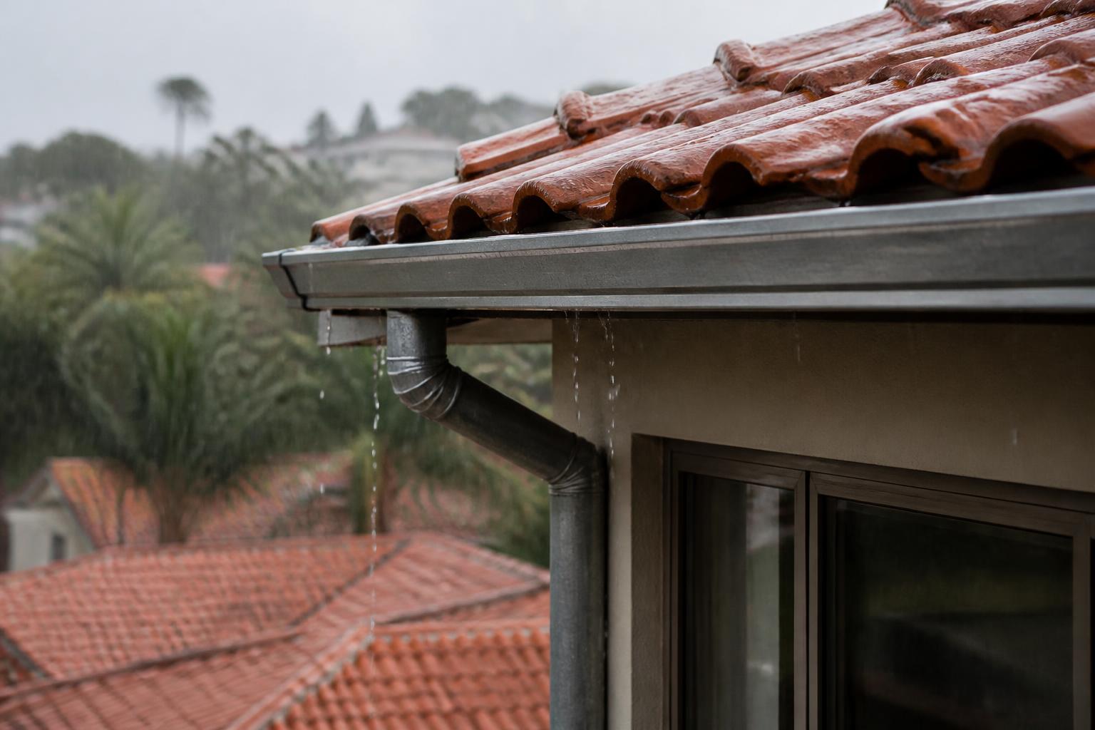Chuva escoando corretamente pela calha de uma casa
